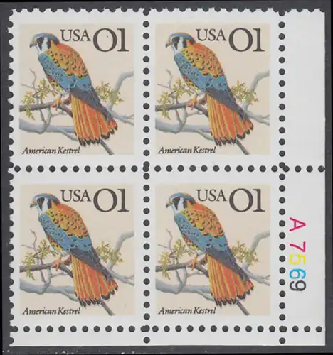 USA Michel 2149 / Scott 2476 postfrisch PLATEBLOCK ECKRAND unten rechts m/ Platten-# A7569 - Tiere: Buntfalke