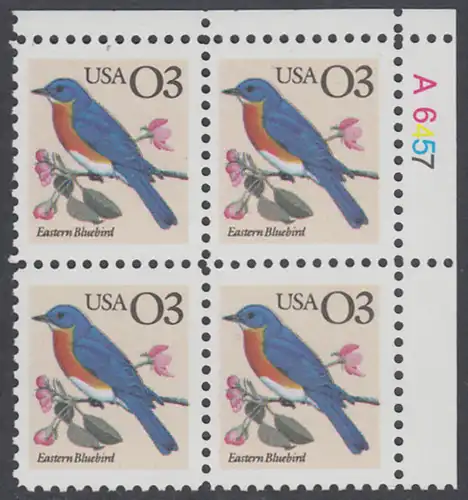 USA Michel 2150 / Scott 2478 postfrisch PLATEBLOCK ECKRAND oben rechts m/ Platten-# A6457 - Tiere: Rotkehl-Hüttensänger