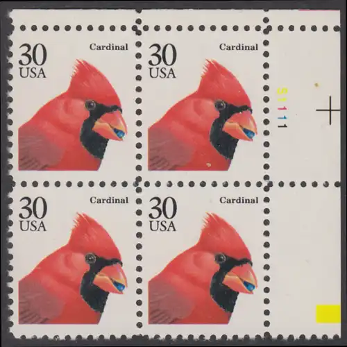 USA Michel 2151 / Scott 2480 postfrisch PLATEBLOCK ECKRAND oben rechts m/ Platten-# S1111 - Tiere: Roter Kardinal