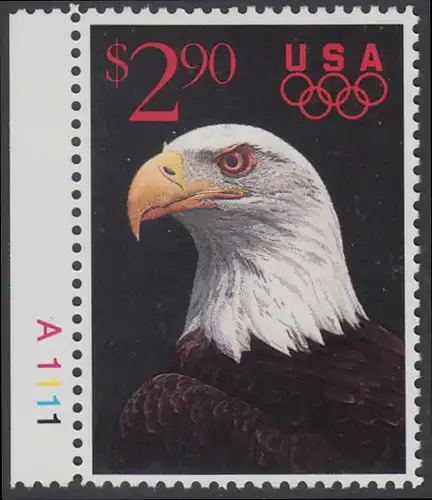 USA Michel 2154 / Scott 2540 postfrisch EINZELMARKE RAND links m/ Platten-# A1111 - Schnellpostmarke: Weißkopfseeadler; olympische Ringe