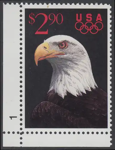 USA Michel 2154 / Scott 2540 postfrisch EINZELMARKE ECKRAND unten links m/ Platten-# 1 - Schnellpostmarke: Weißkopfseeadler; olympische Ringe
