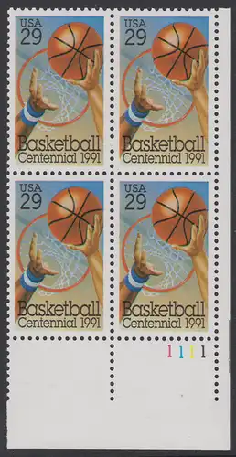 USA Michel 2162 / Scott 2560 postfrisch PLATEBLOCK ECKRAND unten rechts m/ Platten-# 1111 (b) - 100 Jahre Basketball: Korbwurf