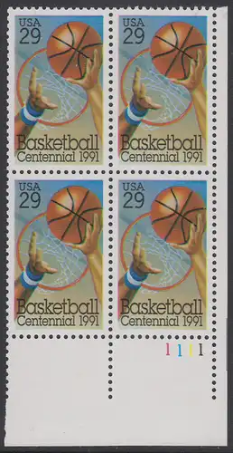 USA Michel 2162 / Scott 2560 postfrisch PLATEBLOCK ECKRAND unten rechts m/ Platten-# 1111 (a) - 100 Jahre Basketball: Korbwurf