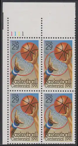 USA Michel 2162 / Scott 2560 postfrisch PLATEBLOCK ECKRAND oben links m/ Platten-# 1111 - 100 Jahre Basketball: Korbwurf