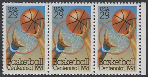 USA Michel 2162 / Scott 2560 postfrisch horiz.STRIP(3) RAND rechts - 100 Jahre Basketball: Korbwurf