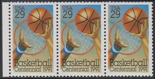USA Michel 2162 / Scott 2560 postfrisch horiz.STRIP(3) RAND links - 100 Jahre Basketball: Korbwurf