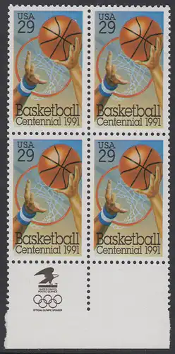 USA Michel 2162 / Scott 2560 postfrisch BLOCK RÄNDER unten m/ Eagle-symbol - 100 Jahre Basketball: Korbwurf