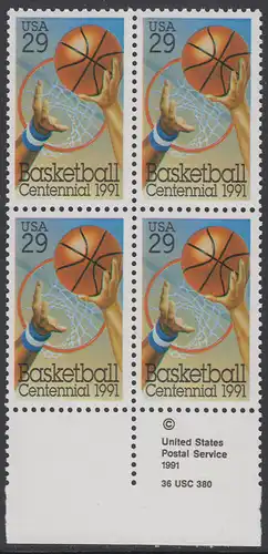 USA Michel 2162 / Scott 2560 postfrisch BLOCK RÄNDER unten m/ copyright symbol - 100 Jahre Basketball: Korbwurf