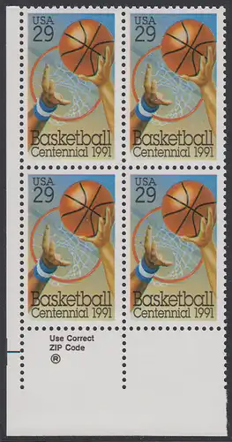 USA Michel 2162 / Scott 2560 postfrisch ZIP-BLOCK (ll) - 100 Jahre Basketball: Korbwurf