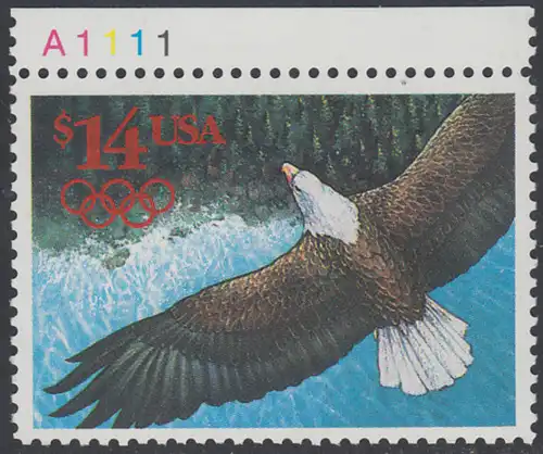 USA Michel 2168 / Scott 2542 postfrisch EINZELMARKE RAND oben m/ Platten-# A1111 - Eilmarke: Weißkopfseeadler über Landschaft, olympische Ringe