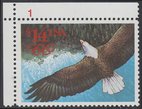USA Michel 2168 / Scott 2542 postfrisch EINZELMARKE ECKRAND oben links m/ Platten-# 1 - Eilmarke: Weißkopfseeadler über Landschaft, olympische Ringe