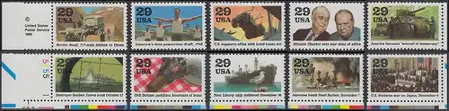 USA Michel 2169-2178 / Scott 2559a-j postfrisch SATZ(10) EINZELMARKEN (a2) (aus Block 24) - Geschichte des Zweiten Weltkrieges (I): Das Jahr 1941