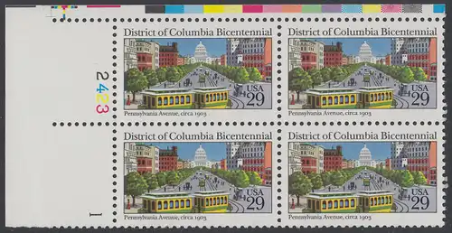 USA Michel 2179 / Scott 2561 postfrisch PLATEBLOCK ECKRAND oben links m/ Platten-# 2423 - 200 Jahre District of Columbia: Kapitol und Pennsylvania Avenue, Washington (1903) 