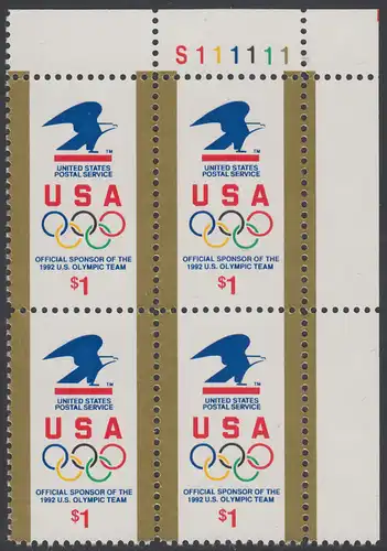 USA Michel 2182 / Scott 2539 postfrisch PLATEBLOCK ECKRAND oben rechts m/ Platten-# S111111 (b) - Amerikanische Postverwaltung Sponsor der US-amerikanischen Olympiamannschaft 1992; Emblem der amerikanischen Post, olympische Ringe