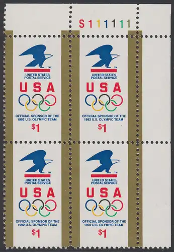 USA Michel 2182 / Scott 2539 postfrisch PLATEBLOCK ECKRAND oben rechts m/ Platten-# S111111 (a) - Amerikanische Postverwaltung Sponsor der US-amerikanischen Olympiamannschaft 1992; Emblem der amerikanischen Post, olympische Ringe