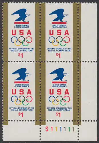 USA Michel 2182 / Scott 2539 postfrisch PLATEBLOCK ECKRAND unten rechts m/ Platten-# S111111 (b) - Amerikanische Postverwaltung Sponsor der US-amerikanischen Olympiamannschaft 1992; Emblem der amerikanischen Post, olympische Ringe