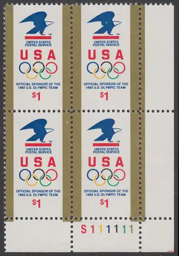 USA Michel 2182 / Scott 2539 postfrisch PLATEBLOCK ECKRAND unten rechts m/ Platten-# S111111 (a) - Amerikanische Postverwaltung Sponsor der US-amerikanischen Olympiamannschaft 1992; Emblem der amerikanischen Post, olympische Ringe