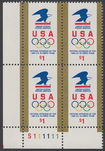 USA Michel 2182 / Scott 2539 postfrisch PLATEBLOCK ECKRAND unten links m/ Platten-# S111111 (b) - Amerikanische Postverwaltung Sponsor der US-amerikanischen Olympiamannschaft 1992; Emblem der amerikanischen Post, olympische Ringe