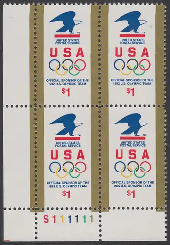 USA Michel 2182 / Scott 2539 postfrisch PLATEBLOCK ECKRAND unten links m/ Platten-# S111111 (a) - Amerikanische Postverwaltung Sponsor der US-amerikanischen Olympiamannschaft 1992; Emblem der amerikanischen Post, olympische Ringe