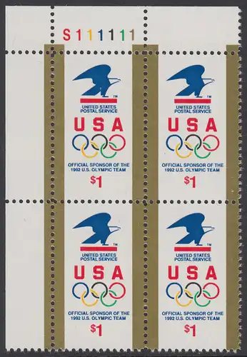 USA Michel 2182 / Scott 2539 postfrisch PLATEBLOCK ECKRAND oben links m/ Platten-# S111111 (b) - Amerikanische Postverwaltung Sponsor der US-amerikanischen Olympiamannschaft 1992; Emblem der amerikanischen Post, olympische Ringe