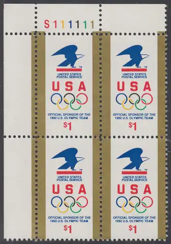 USA Michel 2182 / Scott 2539 postfrisch PLATEBLOCK ECKRAND oben links m/ Platten-# S111111 (a) - Amerikanische Postverwaltung Sponsor der US-amerikanischen Olympiamannschaft 1992; Emblem der amerikanischen Post, olympische Ringe