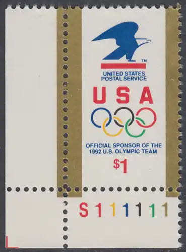 USA Michel 2182 / Scott 2539 postfrisch EINZELMARKE ECKRAND unten links m/ Platten-# S111111 - Amerikanische Postverwaltung Sponsor der US-amerikanischen Olympiamannschaft 1992; Emblem der amerikanischen Post, olympische Ringe