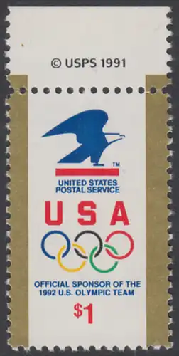 USA Michel 2182 / Scott 2539 postfrisch EINZELMARKE RAND oben m/ copyright symbol - Amerikanische Postverwaltung Sponsor der US-amerikanischen Olympiamannschaft 1992; Emblem der amerikanischen Post, olympische Ringe