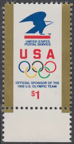 USA Michel 2182 / Scott 2539 postfrisch EINZELMARKE RAND unten - Amerikanische Postverwaltung Sponsor der US-amerikanischen Olympiamannschaft 1992; Emblem der amerikanischen Post, olympische Ringe