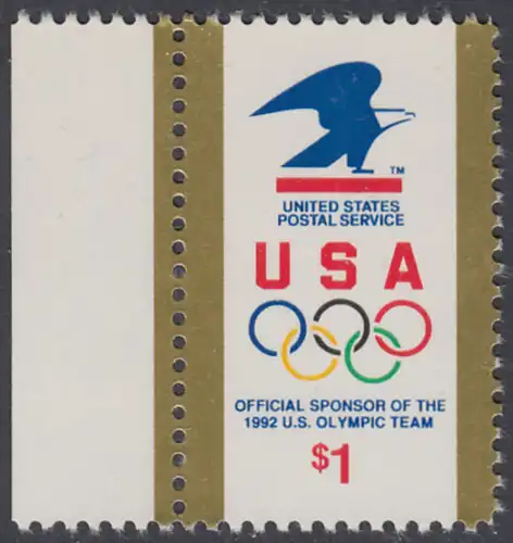 USA Michel 2182 / Scott 2539 postfrisch EINZELMARKE RAND links - Amerikanische Postverwaltung Sponsor der US-amerikanischen Olympiamannschaft 1992; Emblem der amerikanischen Post, olympische Ringe