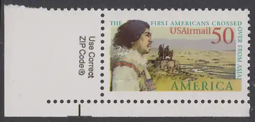 USA Michel 2193 / Scott C131 postfrisch EINZELMARKE ECKRAND unten links m/ ZIP-Emblem - Luftpostmarke: Amerika; Entdeckungsreisen - Die ersten Einwanderer an der Bering-Landverbindung zwischen Asien und Amerika