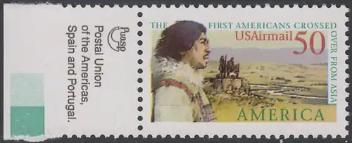 USA Michel 2193 / Scott C131 postfrisch EINZELMARKE RAND links m/ Inschrift - Luftpostmarke: Amerika; Entdeckungsreisen - Die ersten Einwanderer an der Bering-Landverbindung zwischen Asien und Amerika