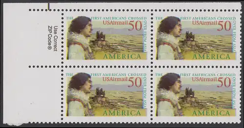 USA Michel 2193 / Scott C131 postfrisch ZIP-BLOCK (ul) - Luftpostmarke: Amerika; Entdeckungsreisen - Die ersten Einwanderer an der Bering-Landverbindung zwischen Asien und Amerika