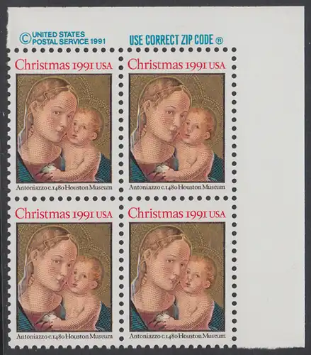 USA Michel 2194 / Scott 2578 postfrisch ZIP-BLOCK (ur) - Weihnachten: Madonna mit Kind