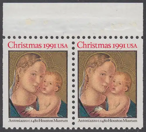 USA Michel 2194D / Scott 2578a postfrisch horiz.PAAR RÄNDER oben (rechts & links ungezähnt) - Weihnachten: Madonna mit Kind