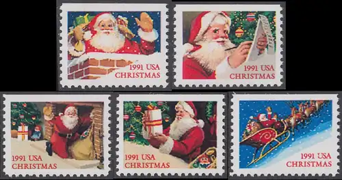 USA Michel 2195-2199 / Scott 2580, 2582-2585 postfrisch SATZ(5) EINZELMARKEN (a1) - Weihnachten: Santa Claus