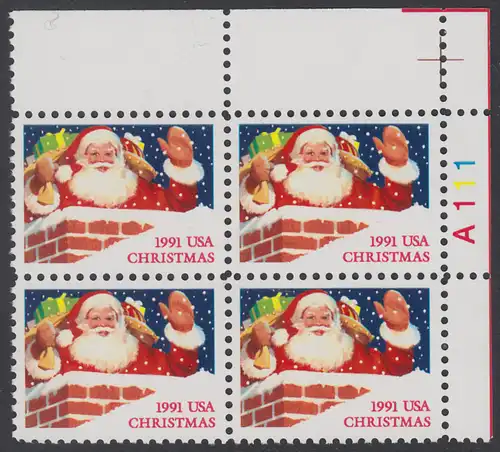 USA Michel 2195A / Scott 2579 postfrisch PLATEBLOCK ECKRAND oben rechts m/ Platten-# A111 - Weihnachten: Santa Claus