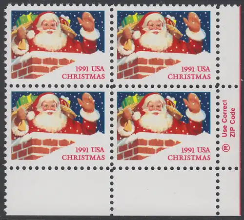 USA Michel 2195A / Scott 2579 postfrisch ZIP-BLOCK (lr) - Weihnachten: Santa Claus