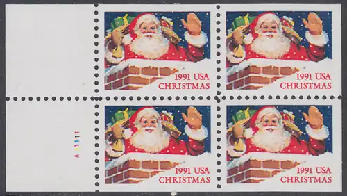 USA Michel 2195E / Scott 2581b postfrisch MARKENHEFTCHEN-BLATT(4) m/ Platten-# A11111 (a1) - Weihnachten: Santa Claus