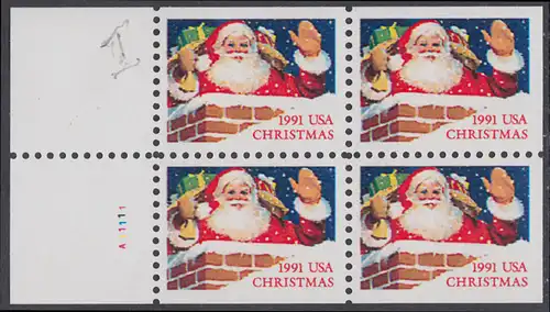 USA Michel 2195E / Scott 2581b postfrisch MARKENHEFTCHEN-BLATT(4) m/ Platten-# A11111 (a2) - Weihnachten: Santa Claus