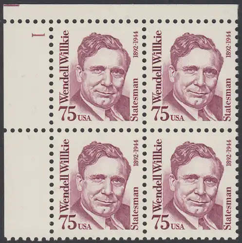 USA Michel 2210 / Scott 2192 postfrisch PLATEBLOCK ECKRAND oben links m/ Platten-# 1 (b) - Amerikanische Persönlichkeiten: Wendell Willkie (1892-1944), Präsidentschaftskandidat 1940