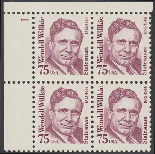 USA Michel 2210 / Scott 2192 postfrisch PLATEBLOCK ECKRAND oben links m/ Platten-# 1 (v) - Amerikanische Persönlichkeiten: Wendell Willkie (1892-1944), Präsidentschaftskandidat 1940