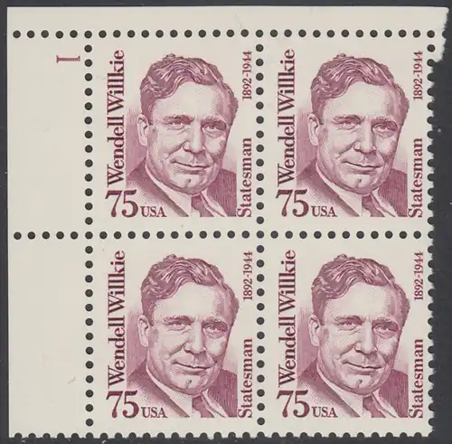 USA Michel 2210 / Scott 2192 postfrisch PLATEBLOCK ECKRAND oben links m/ Platten-# 1 (a) - Amerikanische Persönlichkeiten: Wendell Willkie (1892-1944), Präsidentschaftskandidat 1940