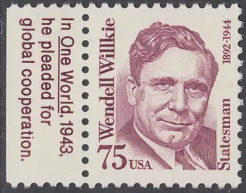 USA Michel 2210 / Scott 2192 postfrisch EINZELMARKE RAND links (a3) - Amerikanische Persönlichkeiten: Wendell Willkie (1892-1944), Präsidentschaftskandidat 1940