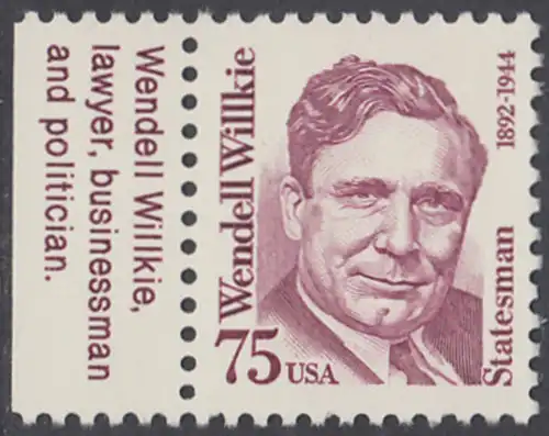 USA Michel 2210 / Scott 2192 postfrisch EINZELMARKE RAND links (a1) - Amerikanische Persönlichkeiten: Wendell Willkie (1892-1944), Präsidentschaftskandidat 1940