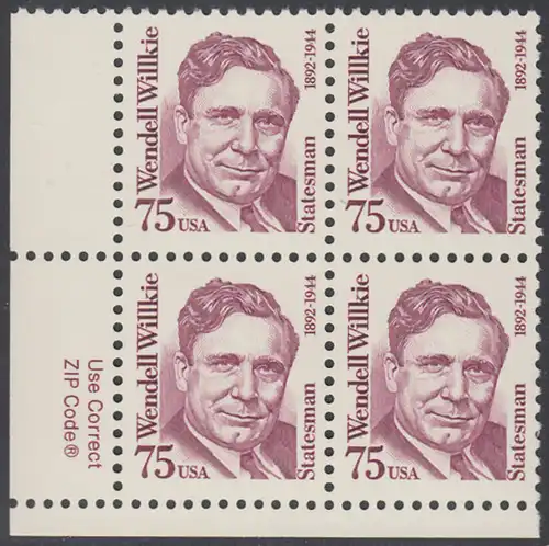 USA Michel 2210 / Scott 2192 postfrisch ZIP-BLOCK (ll) - Amerikanische Persönlichkeiten: Wendell Willkie (1892-1944), Präsidentschaftskandidat 1940