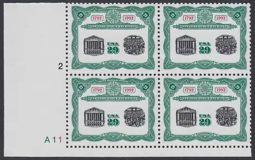 USA Michel 2218 / Scott 2630 postfrisch PLATEBLOCK ECKRAND unten links m/ Platten-# A11 - 200 Jahre Börse New York: Frontansicht und Börsensaal der New Yorker Börse