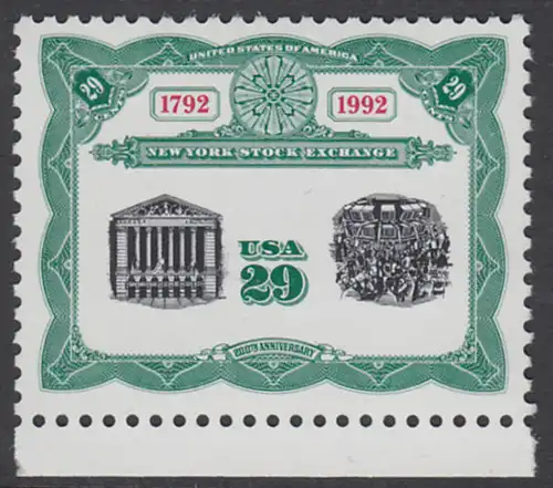 USA Michel 2218 / Scott 2630 postfrisch EINZELMARKE RAND unten - 200 Jahre Börse New York: Frontansicht und Börsensaal der New Yorker Börse