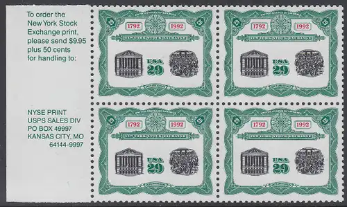USA Michel 2218 / Scott 2630 postfrisch BLOCK RÄNDER links m/ Inschrift - 200 Jahre Börse New York: Frontansicht und Börsensaal der New Yorker Börse