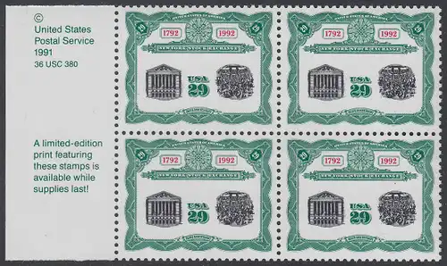 USA Michel 2218 / Scott 2630 postfrisch BLOCK RÄNDER links m/ copyright symbol - 200 Jahre Börse New York: Frontansicht und Börsensaal der New Yorker Börse