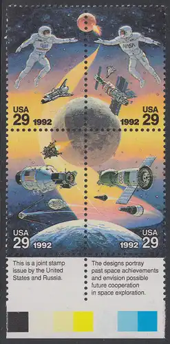 USA Michel 2235-2238 / Scott 2631-2234 postfrisch BLOCK RÄNDER unten m/ Inschrift (a2) - Amerikanische und sowjetische Weltraumunternehmungen
